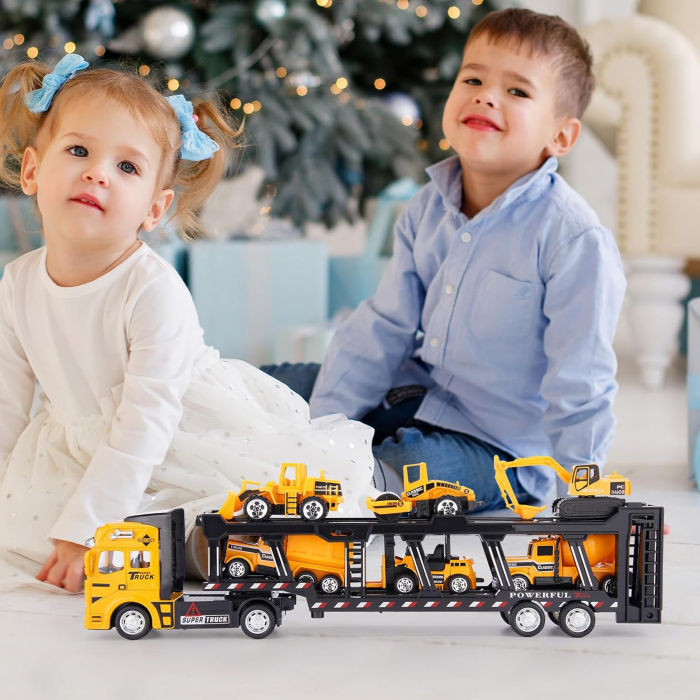 Set camion trailer de jucarie pentru transport, Utilaje de constructii, 7 piese, excavator, buldozer, betoniera, compactor, motostivuitor, camion, 33cm, Galben [8]