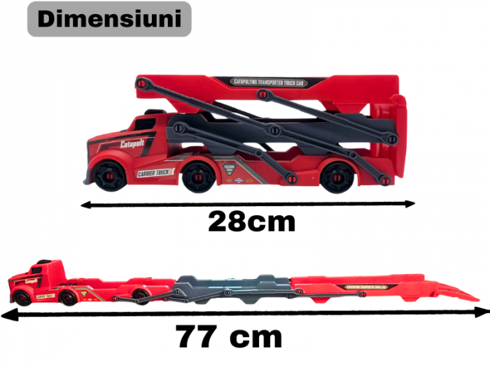 Set camion trailer de jucarie, Sistem catapultare masini, Pista extensibila, 5 Piese, Masinute din metal, Extidere 77cm, Plastic, Rosu [2]