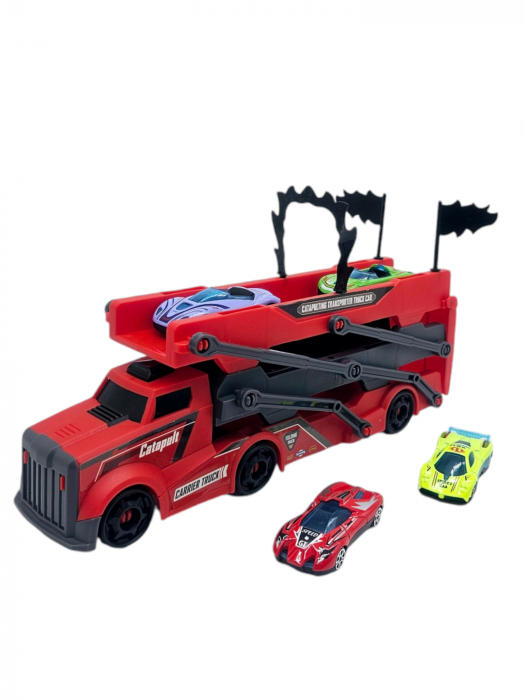 Set camion trailer de jucarie, Sistem catapultare masini, Pista extensibila, 5 Piese, Masinute din metal, Extidere 77cm, Plastic, Rosu [8]