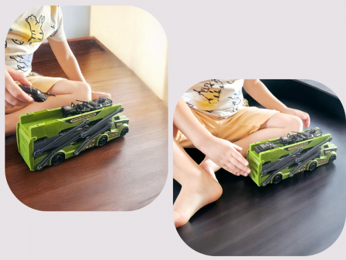 Set camion trailer de jucarie, Sistem catapultare masini, Pista extensibila, 5 Piese, Autospeciale Politie, Extidere 77cm, Plastic, Verde [7]