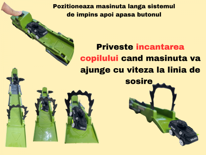 Set camion trailer de jucarie, Sistem catapultare masini, Pista extensibila, 5 Piese, Autospeciale Politie, Extidere 77cm, Plastic, Verde [3]