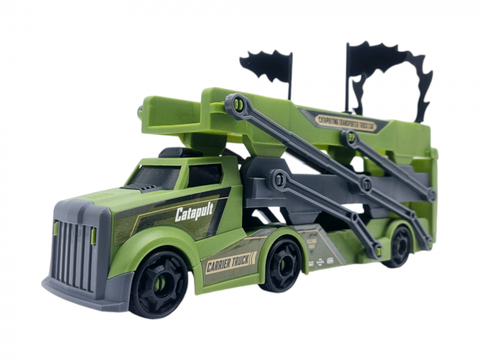 Set camion trailer de jucarie, Sistem catapultare masini, Pista extensibila, 5 Piese, Autospeciale Politie, Extidere 77cm, Plastic, Verde [10]