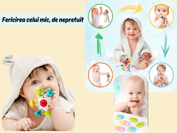 Set complet Jucarii Dentitie, Interactive, Multi-senzoriale, Elemente zornaitoare, Diferite functii, Fara BPA, SIlicon alimentar si plastic fin, +3luni, 11piese, Blue, Ergino [10]