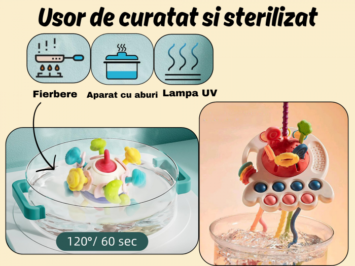 Set complet Jucarii Dentitie, Interactive, Multi-senzoriale, Elemente zornaitoare, Diferite functii, Fara BPA, SIlicon alimentar si plastic fin, +3luni, 11piese, Roz, Ergino [6]