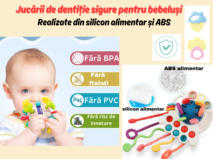 Set complet Jucarii Dentitie, Interactive, Multi-senzoriale, Elemente zornaitoare, Diferite functii, Fara BPA, SIlicon alimentar si plastic fin, +3luni, 11piese, Roz, Ergino [5]