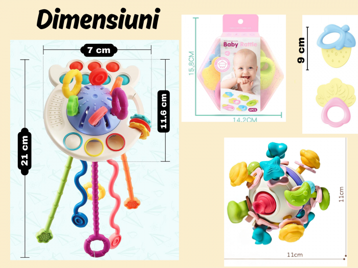 Set complet Jucarii Dentitie, Interactive, Multi-senzoriale, Elemente zornaitoare, Diferite functii, Fara BPA, SIlicon alimentar si plastic fin, +3luni, 11piese, Roz, Ergino [9]