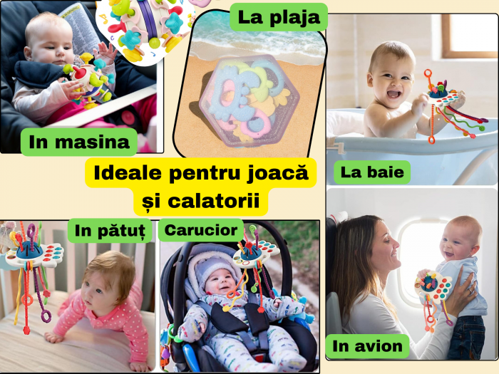 Set complet Jucarii Dentitie, Interactive, Multi-senzoriale, Elemente zornaitoare, Diferite functii, Fara BPA, SIlicon alimentar si plastic fin, +3luni, 11piese, Roz, Ergino [7]