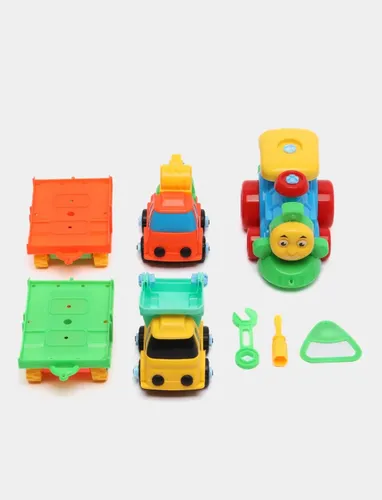 Set tren transportator cu 2 masinute demontabile, Basculanta, Excavator, cu surubelnite, Jucarie interactiva pentru copii, 42 cm, Plastic, Multicolor [8]