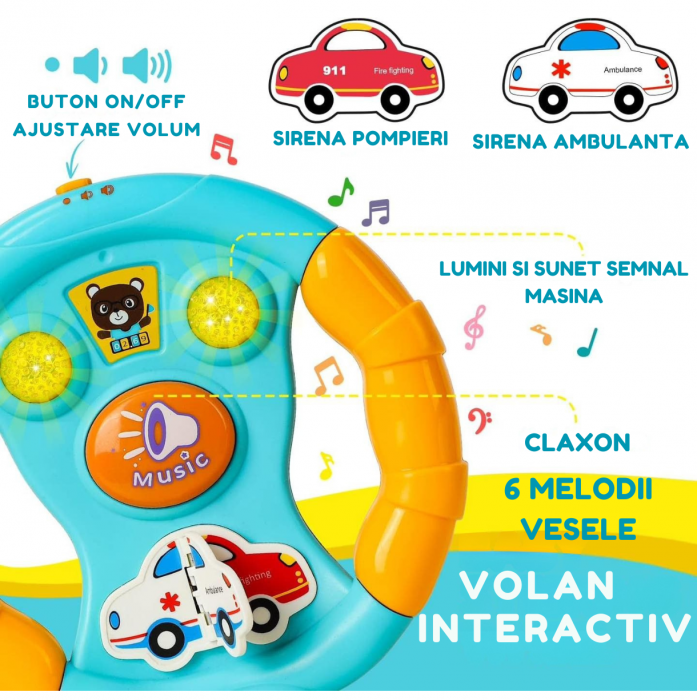 Volan Interactiv pentru Copii, Sunete si Lumini, 6 Melodii, Sirene Ambulanta si Pompieri, Sunet Claxon si Semnal, Baterii Incluse, Plastic, +18luni, ERGINO® [2]