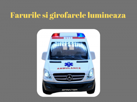 Ambulanta din metal, Mercedes, 3 figurine incluse, sunete realistice, Farurile, girofarele si stopurile lumineaza, 5 usi mobile, baterii incluse, 15cm, Alb [2]