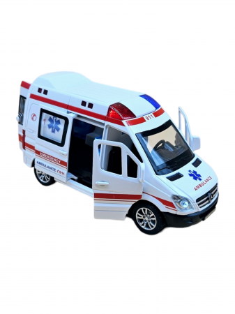 Ambulanta din metal, Mercedes, 3 figurine incluse, sunete realistice, Farurile, girofarele si stopurile lumineaza, 5 usi mobile, baterii incluse, 15cm, Alb [7]