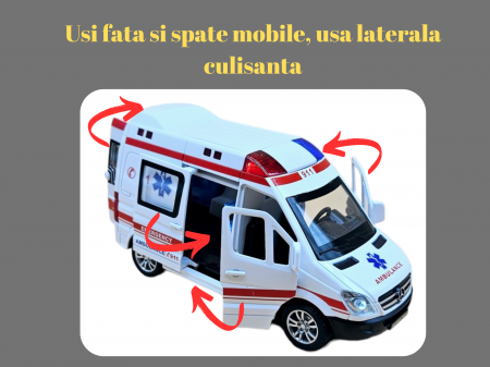 Ambulanta din metal, Mercedes, 3 figurine incluse, sunete realistice, Farurile, girofarele si stopurile lumineaza, 5 usi mobile, baterii incluse, 15cm, Alb [1]