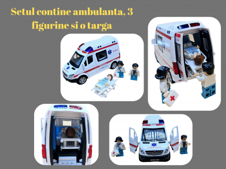 Ambulanta din metal, Mercedes, 3 figurine incluse, sunete realistice, Farurile, girofarele si stopurile lumineaza, 5 usi mobile, baterii incluse, 15cm, Alb [3]