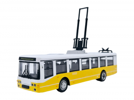 Mijloace de transport in comun - Autobuz de jucarie realizat din metal, Sunete si lumini, Pull-back, Baterii incluse, 17cm, Alb/Galben