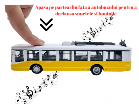 Autobuz de jucarie realizat din metal, Sunete si lumini, Pull-back, Baterii incluse, 17cm, Alb/Galben [1]