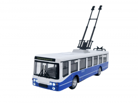Mijloace de transport in comun - Autobuz de jucarie realizat din metal, Sunete si lumini, Pull-back, Baterii incluse, 17cm, Alb/albastru