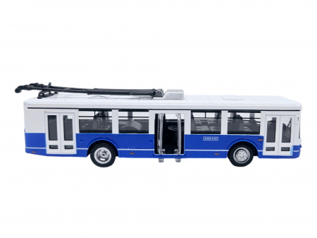 Autobuz de jucarie realizat din metal, Sunete si lumini, Pull-back, Baterii incluse, 17cm, Alb/albastru [7]