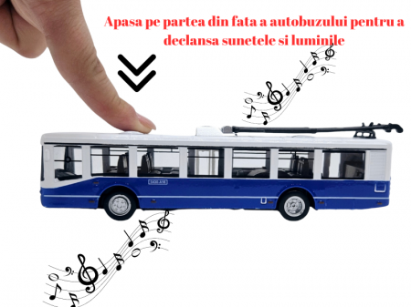 Autobuz de jucarie realizat din metal, Sunete si lumini, Pull-back, Baterii incluse, 17cm, Alb/albastru [1]