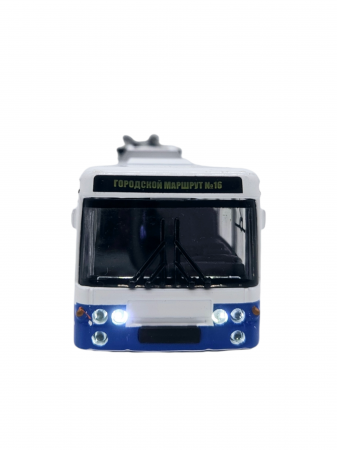 Autobuz de jucarie realizat din metal, Sunete si lumini, Pull-back, Baterii incluse, 17cm, Alb/albastru [2]