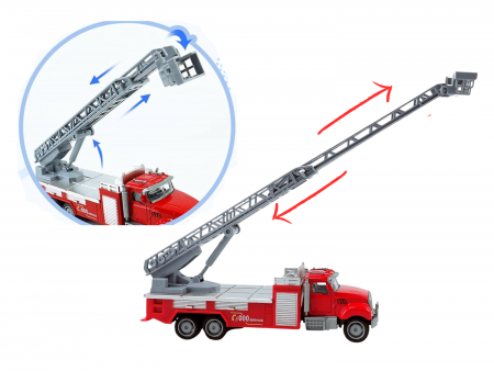 Camion din metal cu macara si platforma, Autospeciala Pompieri din metal transportabila, Functie pull-back, 33cm, Rosu, +3ani, ERGINO® [4]