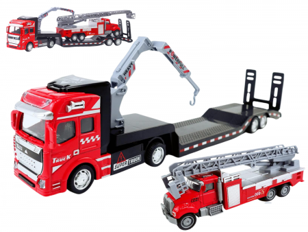 Camioane transportatoare - Camion din metal cu macara si platforma, Autospeciala Pompieri din metal transportabila, Functie pull-back, 33cm, Rosu, +3ani, ERGINO®