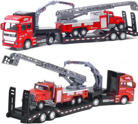 Camion din metal cu macara si platforma, Autospeciala Pompieri din metal transportabila, Functie pull-back, 33cm, Rosu, +3ani, ERGINO® [5]