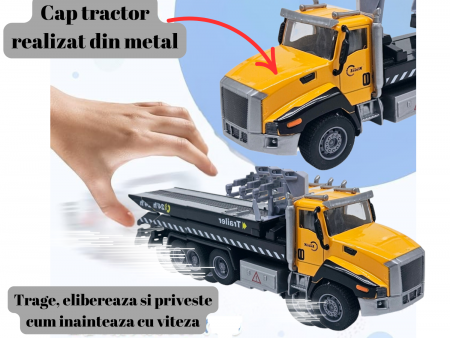 Camion din metal cu macara si platforma extensibila, Masina de Gunoi din metal transportabila, Functie pull-back, 28cm, Galben, +3ani, ERGINO® [1]