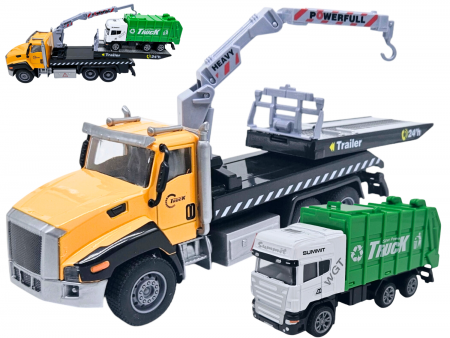 Camioane transportatoare - Camion din metal cu macara si platforma extensibila, Masina de Gunoi din metal transportabila, Functie pull-back, 28cm, Galben, +3ani, ERGINO®