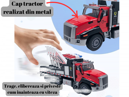 Camion din metal cu macara si platforma, Camion din metal transportabil, Functie pull-back, 28cm, Rosu, +3ani, ERGINO® [1]