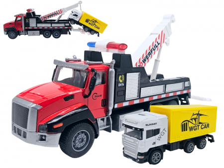 Camioane transportatoare - Camion din metal cu macara si platforma, Camion din metal transportabil, Functie pull-back, 28cm, Rosu, +3ani, ERGINO®
