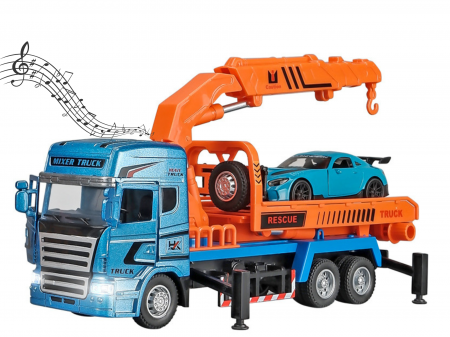 Camioane transportatoare - Camion din metal cu macara si platforma extensibila, O masinuta transportabila, Sunete si Lumini, Usile se deschid, 23 cm