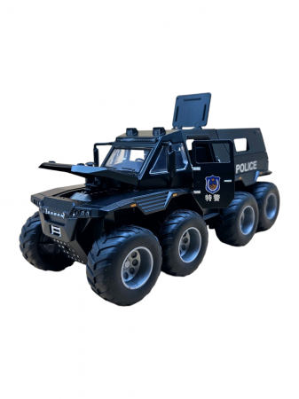 Masini metalice 18-19cm - Camion din metal Swat Politie, 3 sunete realistice, Farurile, girofarele si stopurile lumineaza, Usile, capota si trapa se deschid, baterii incluse, 19cm, Negru