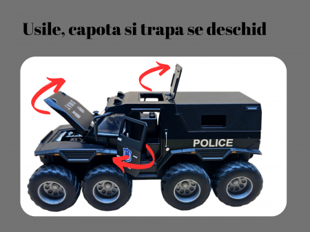 Camion din metal Swat Politie, 3 sunete realistice, Farurile, girofarele si stopurile lumineaza, Usile, capota si trapa se deschid, baterii incluse, 19cm, Negru [1]