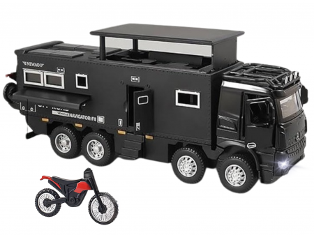 Masini metalice 21-25cm - Camion Militar de Jucarie, Motocicleta Detasabila, Realizat din Metal, 8 Roti, Sunete si lumini, Usi mobile, Pull-back, Diferite functii, Camion Armata, 25 cm, Negru