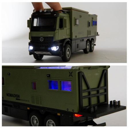 Camion Militar de Jucarie, Motocicleta Detasabila, Realizat din Metal, 8 Roti, Sunete si lumini, Usi mobile, Pull-back, Diferite functii, Camion Armata, 25 cm, Verde [5]