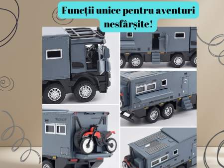 Camion Militar de Jucarie, Motocicleta Detasabila, Realizat din Metal, 8 Roti, Sunete si lumini, Usi mobile, Pull-back, Diferite functii, Camion Armata, 25 cm, Gri [4]