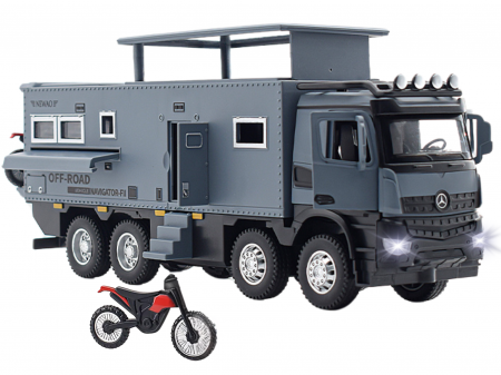 Masini metalice 21-25cm - Camion Militar de Jucarie, Motocicleta Detasabila, Realizat din Metal, 8 Roti, Sunete si lumini, Usi mobile, Pull-back, Diferite functii, Camion Armata, 25 cm, Gri