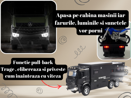 Camion Militar de Jucarie, Motocicleta Detasabila, Realizat din Metal, 8 Roti, Sunete si lumini, Usi mobile, Pull-back, Diferite functii, Camion Armata, 25 cm, Negru [3]