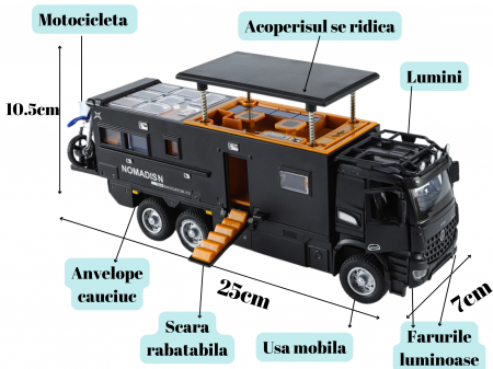 Camion Militar de Jucarie, Motocicleta Detasabila, Realizat din Metal, 8 Roti, Sunete si lumini, Usi mobile, Pull-back, Diferite functii, Camion Armata, 25 cm, Negru [1]