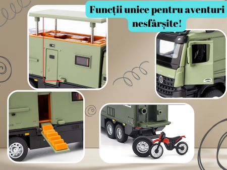 Camion Militar de Jucarie, Motocicleta Detasabila, Realizat din Metal, 8 Roti, Sunete si lumini, Usi mobile, Pull-back, Diferite functii, Camion Armata, 25 cm, Verde [4]