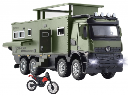 Masini metalice 21-25cm - Camion Militar de Jucarie, Motocicleta Detasabila, Realizat din Metal, 8 Roti, Sunete si lumini, Usi mobile, Pull-back, Diferite functii, Camion Armata, 25 cm, Verde