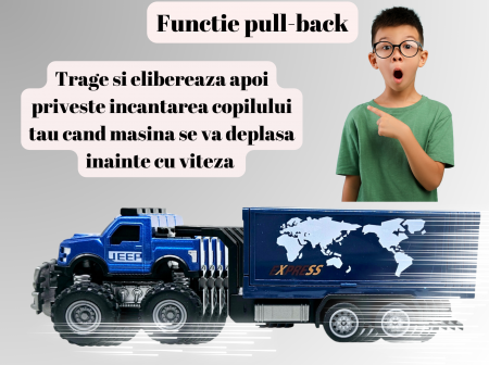 Jeep Metalic off-road cu Remorca Cargo, Functie Pull-Back, Albastru, 20cm, +3 ani, ERGINO® [3]