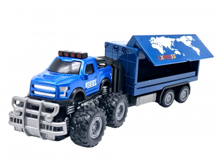 Camioane transportatoare - Jeep Metalic off-road cu Remorca Cargo, Functie Pull-Back, Albastru, 20cm, +3 ani, ERGINO®