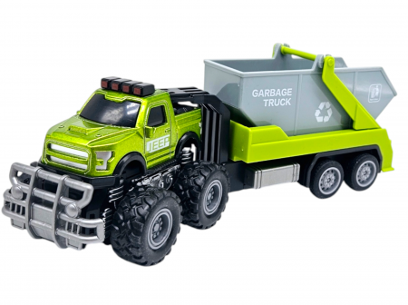 Camioane transportatoare - Jeep Metalic off-road cu Remorca Continer Basculant de Gunoi, Functie Pull-Back, Verde, 20cm, +3 ani, ERGINO®