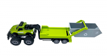 Jeep Metalic off-road cu Remorca Continer Basculant de Gunoi, Functie Pull-Back, Verde, 20cm, +3 ani, ERGINO® [4]