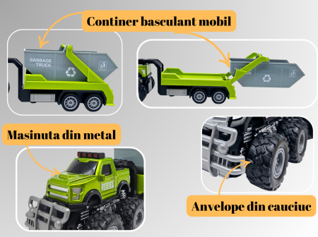 Jeep Metalic off-road cu Remorca Continer Basculant de Gunoi, Functie Pull-Back, Verde, 20cm, +3 ani, ERGINO® [2]