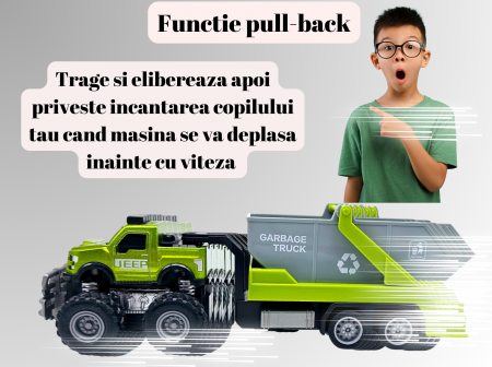 Jeep Metalic off-road cu Remorca Continer Basculant de Gunoi, Functie Pull-Back, Verde, 20cm, +3 ani, ERGINO® [3]
