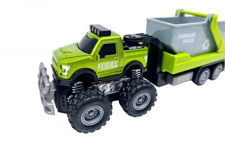 Jeep Metalic off-road cu Remorca Continer Basculant de Gunoi, Functie Pull-Back, Verde, 20cm, +3 ani, ERGINO® [5]