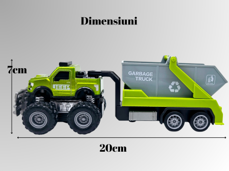 Jeep Metalic off-road cu Remorca Continer Basculant de Gunoi, Functie Pull-Back, Verde, 20cm, +3 ani, ERGINO® [1]