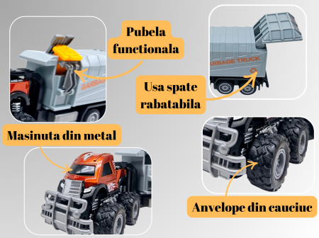 Jeep Metalic off-road cu Remorca Continer Gunoi, Functie Pull-Back, Portocaliu, 20cm, +3 ani, ERGINO® [2]